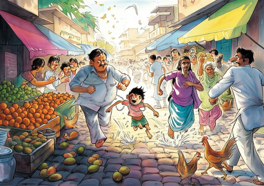 Watercolor illustration of a chaotic scene in a busy Indian market. The scene is flooded with the bright, diffused light of midday. Tutu is running away with a shimmering pearl necklace wrapped around her neck, pursued by the panicked jeweler, a young boy (the narrator) with tousled hair and a determined expression, the portly and flustered Rocky Fernandes, and a growing crowd of curious onlookers. There are overturned fruit stands, with oranges and mangoes rolling across the cobblestone street, and scattering people. Chickens squawk and flap their wings. The air is alive with the sounds of shouting and laughter. The color palette is vibrant and chaotic, reflecting the energy of the market scene. Emphasize the textures of the cobblestones, the fruit, and the clothing of the crowd. Consistent watercolor style with soft blending and natural flow.