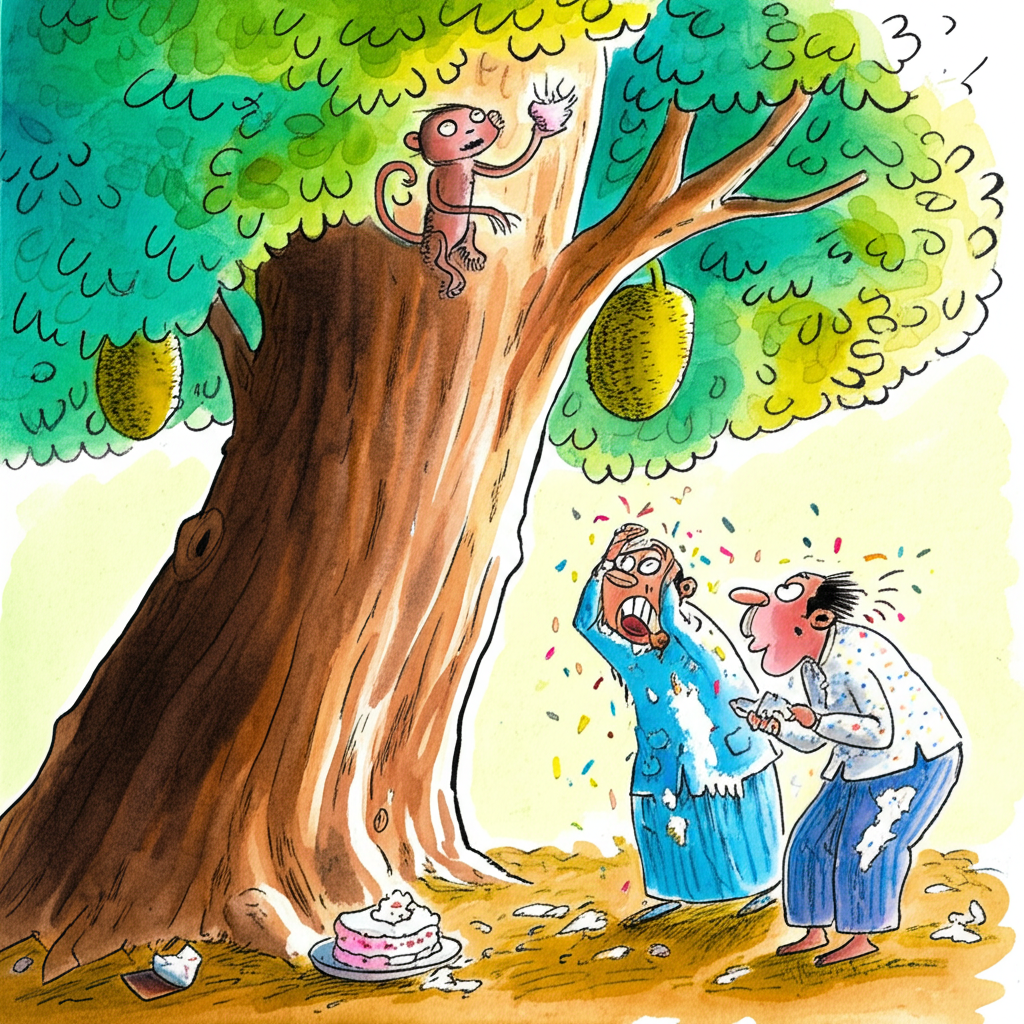 Watercolor illustration of Tutu sitting triumphantly at the very top of a lush, green jackfruit tree in a sun-drenched orchard. The scene is bathed in the warm light of a late afternoon. She is playfully throwing pieces of white wedding cake and handfuls of colorful confetti down at the disgruntled Uncle Benji and the sputtering Major Malik below, who are both covered in sugary frosting and paper scraps. The orchard is filled with the sweet scent of ripening jackfruit. Use a cheerful and playful color palette to convey a sense of mischievous fun. The textures of the jackfruit, the cake, and the confetti should be clearly rendered. Consistent watercolor style with soft blending and natural flow.