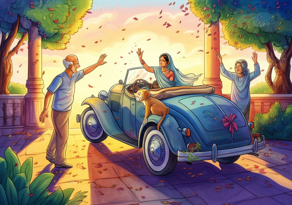 Watercolor illustration of Aunt Ruby, dressed in a radiant, shimmering wedding sari of deep sapphire blue, and Rocky Fernandes waving goodbye with happy tears in their eyes from the back seat of a vintage, open-topped car. The car is decorated with flowers and ribbons. Tutu is clinging to the back bumper of the car, showering them with a final flurry of confetti. Grandfather, Grandmother, and the young narrator are waving goodbye from the sun-drenched porch of their home. The golden light of the setting sun casts long, warm shadows across the scene. The color palette is rich and celebratory, with blues, golds, and reds dominating the scene. Capture the joy and bittersweet emotions of the moment. Consistent watercolor style with soft blending and natural flow.