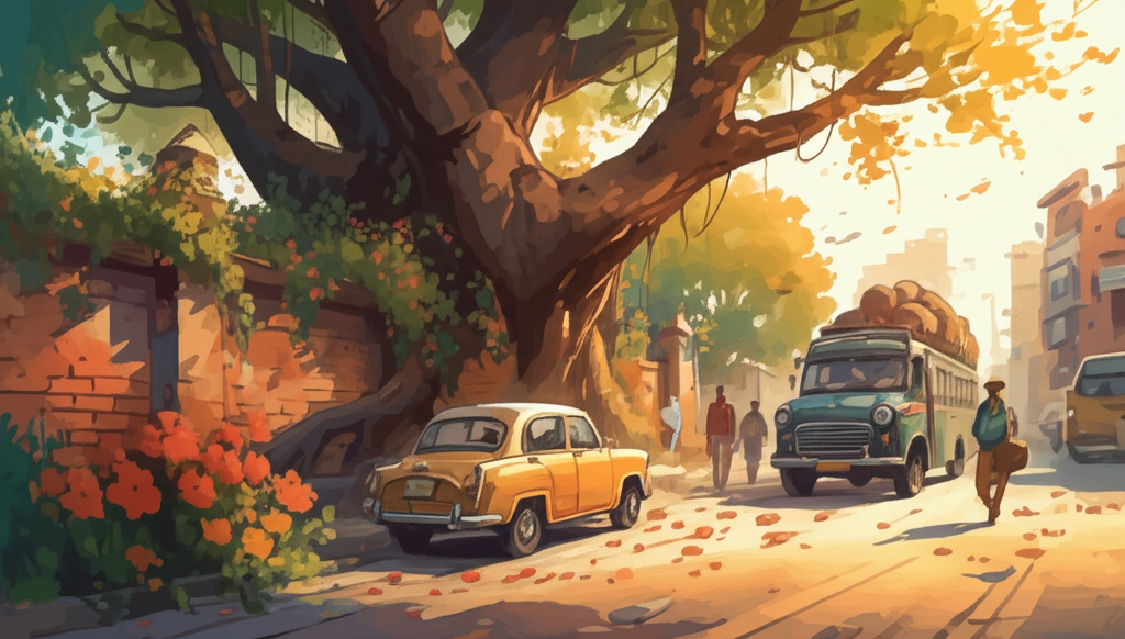 A watercolor illustration, bathed in the warm glow of a late afternoon sun, depicting a large, ancient peepul tree with gnarled roots growing through a crumbling brick wall softened by moss and ivy. Golden light filters through the leaves, casting dappled shadows. One side of the tree extends into a lush, vibrant garden bursting with hibiscus and marigolds, their colors intensely saturated. The other side overhangs a busy road with vintage, brightly colored cars – a turquoise Ambassador, a sunshine yellow Fiat – a sputtering, exhaust-filled bus, and a slow-moving horse-drawn cart piled high with goods. People walking by clutch their hats against a sudden gust of wind, their expressions a mixture of surprise and amusement. Dust motes dance in the sunlight filtering through the leaves. The illustration should evoke a nostalgic, slightly dreamlike feeling. Artistic style: fluid watercolor with soft blending and a natural, unforced flow. Emphasize the texture of the brick, bark, and fabric.