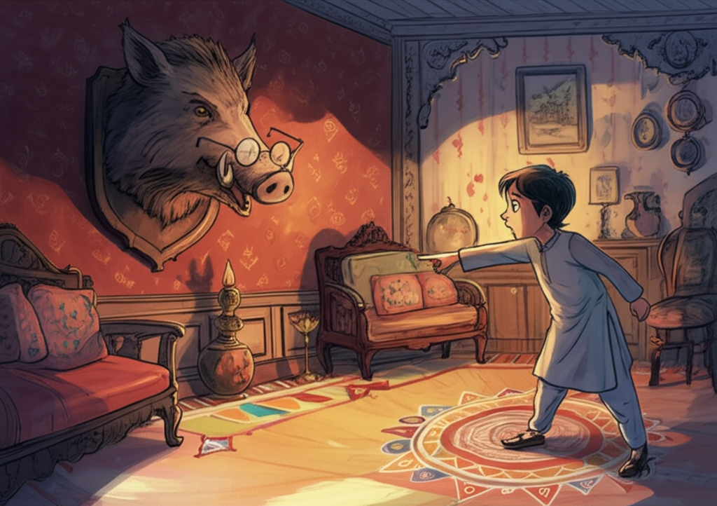 A watercolor illustration depicting Grandmother’s spectacles, thin gold frames slightly askew, balanced precariously on the snout of a surprisingly lifelike stuffed wild boar mounted on a deep red, textured wallpaper wall in a cozy living room. The room is filled with traditional Indian furniture and decorations: a intricately carved wooden sofa draped with embroidered cushions, a brass oil lamp casting a warm, flickering light, and colorful rangoli patterns on the worn, wooden floor. A young boy, no older than ten, his eyes wide with surprise and a hint of mischievous glee, points accusingly at the boar with a dramatic flourish. He wears a slightly rumpled kurta pajama. The light is soft and diffused, creating long shadows that suggest it is late evening. Color palette should be warm and inviting, with pops of bright color from the cushions and rangoli. Artistic style: loose watercolor with detailed rendering of the boar’s bristles and the texture of the furniture.