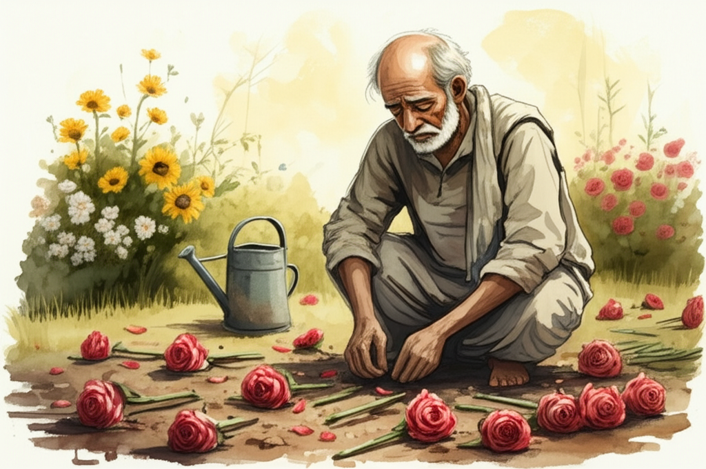 A watercolor illustration of Grandfather in his garden, kneeling sadly amidst rows of flowers – vibrant red roses, cheerful yellow sunflowers, delicate white jasmine – all with their heads brutally cut off. The severed flower heads are scattered on the damp earth around him, their colors beginning to fade. He is wearing a faded, comfortable traditional Indian kurta pajama, his face etched with grief and confusion, his hands stained with earth. The morning sun casts long, stark shadows across the scene. The air is thick with the scent of cut flowers and wet earth. Focus on capturing the textures: the rough earth, the delicate petals, the soft fabric of his clothing. The color palette should be muted and melancholic, reflecting his sorrow. A watering can lies discarded beside him. Artistic style: expressive watercolor with a focus on capturing emotion through facial expressions and body language.