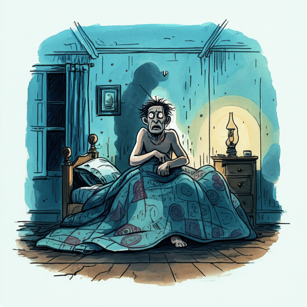 A watercolor illustration of Uncle Ken sitting bolt upright in bed, looking thoroughly frustrated and bewildered. His threadbare, patterned blankets are being pulled off the bed by an unseen force, revealing wrinkled pajamas underneath. The room is dimly lit by a single flickering gas lamp, suggesting it is the dead of night. The walls are painted a faded turquoise, and there’s a small, dusty window with heavy curtains drawn shut. Details to include: a creaking wooden floor, a chipped bedside table with a half-empty glass of water, and shadows playing mischievously across the walls. Capture the texture of the rough blanket and the smoothness of the glass. Use a limited color palette of blues, grays, and browns to create a sense of unease. Artistic style: subtly suggestive watercolor, hinting at the supernatural rather than explicitly depicting it.