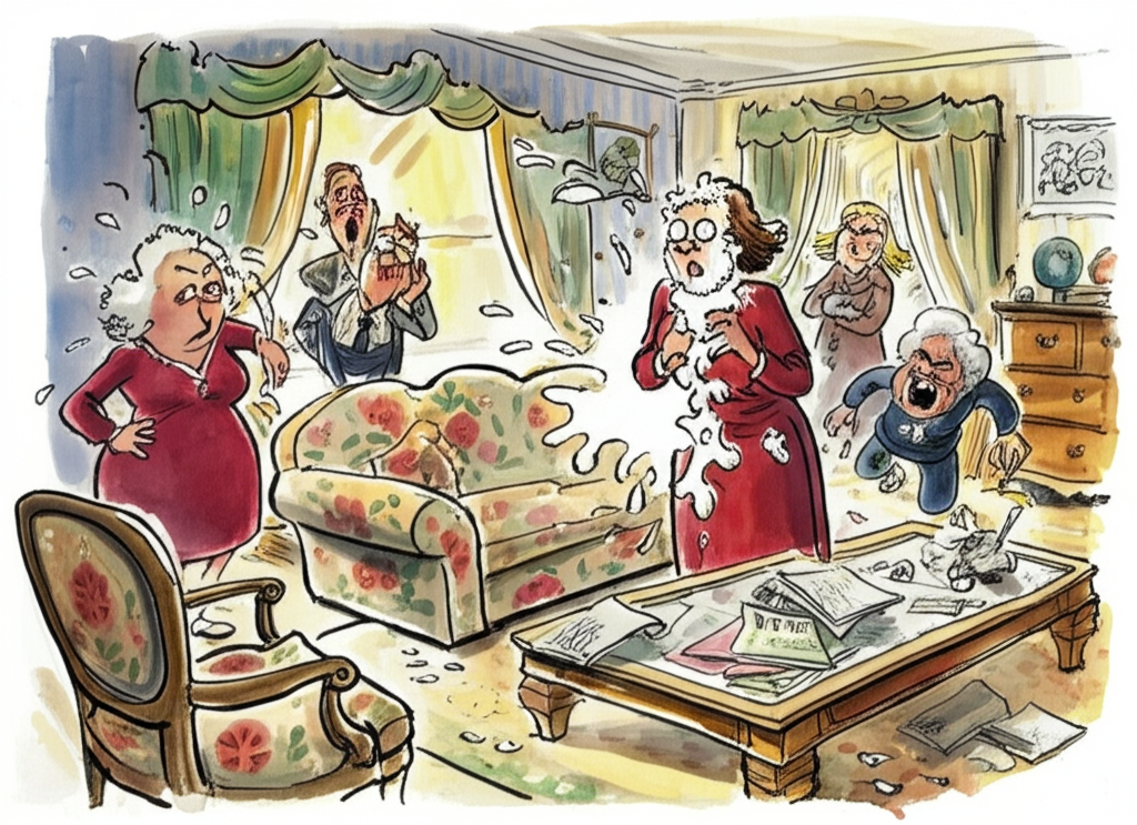 A watercolor illustration of Aunt Minnie standing in a living room with white shaving cream liberally covering her face, her eyes wide with shock. Splatters of cream are visible on the surrounding furniture. Other family members are in the background, running away and laughing hysterically (except Grandmother, who stands rigid with disapproval, her scowl a mask of displeasure). The room is brightly lit, filled with sunlight streaming through a large window. Details to include: a floral-patterned sofa, a glass-topped coffee table littered with magazines, and a framed photograph of the family looking happy and carefree. Focus on capturing the energy and chaos of the scene, using bold colors and dynamic brushstrokes. Highlight the contrast between the lighthearted laughter of the younger family members and Grandmother’s stern disapproval. Artistic style: energetic and expressive watercolor with a focus on capturing movement and emotion.