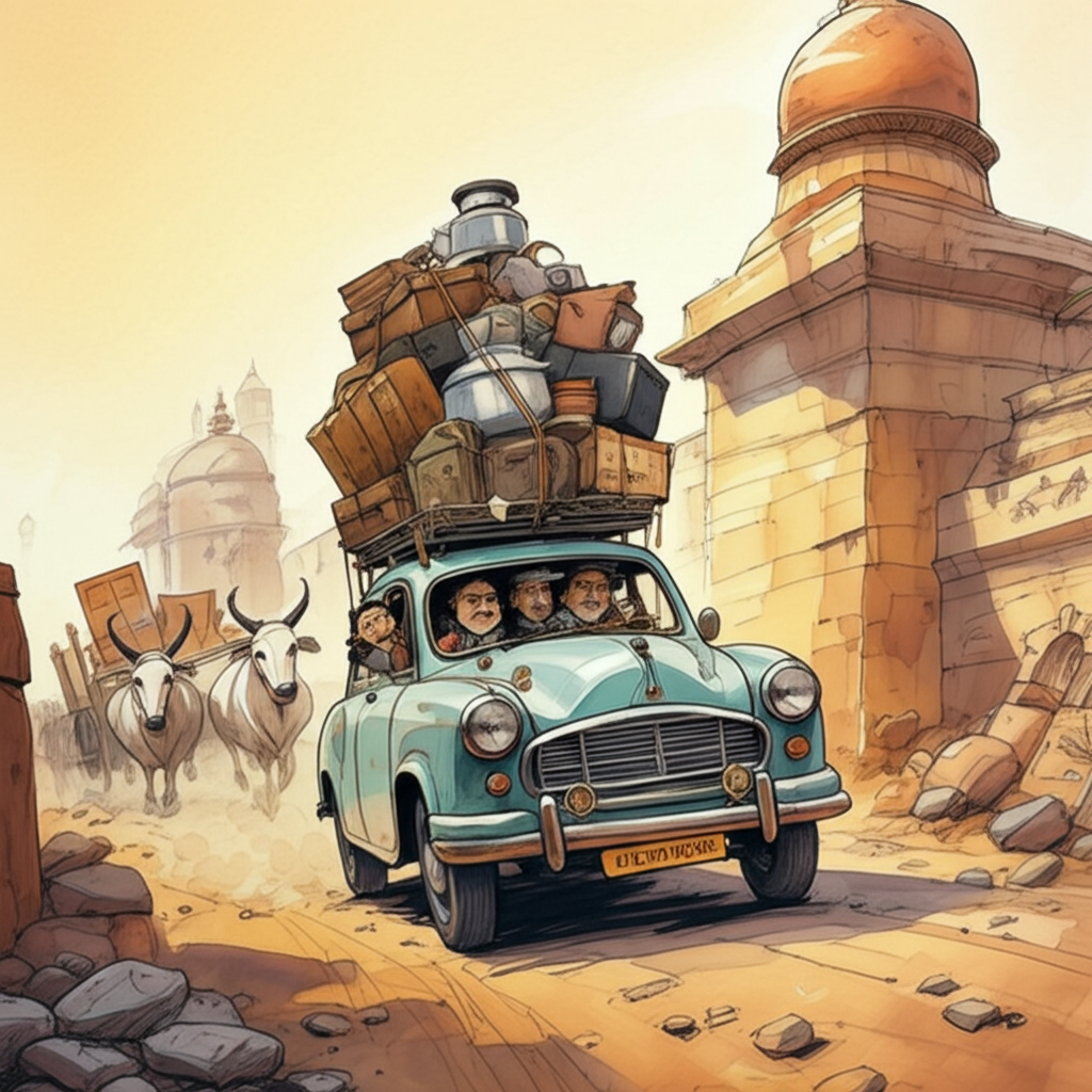 A watercolor illustration of a vintage car (perhaps a Hindustan Ambassador) overloaded with luggage – suitcases, bags, bundles tied with rope – and precariously balanced kitchenware – pots, pans, even a pressure cooker – teetering on its roof. The family (Grandfather driving, his brow furrowed in concentration, Grandmother, Uncle Ken, Aunt Minnie, and the boy) are squeezed inside the car, looking apprehensive and cramped. Their faces reflect a mixture of excitement and anxiety. Two bullock carts filled with furniture – beds, wardrobes, tables – are visible lumbering slowly behind the car, leaving through the open gate of a crumbling haveli. The scene is bathed in the harsh light of midday. The dust kicked up by the bullock carts hangs in the air. Capture the textures of the dusty road, the rough ropes, and the worn fabric of the luggage. The color palette should be warm and earthy, reflecting the Indian landscape. Artistic style: detailed and evocative watercolor, capturing the sense of a family embarking on a momentous journey.