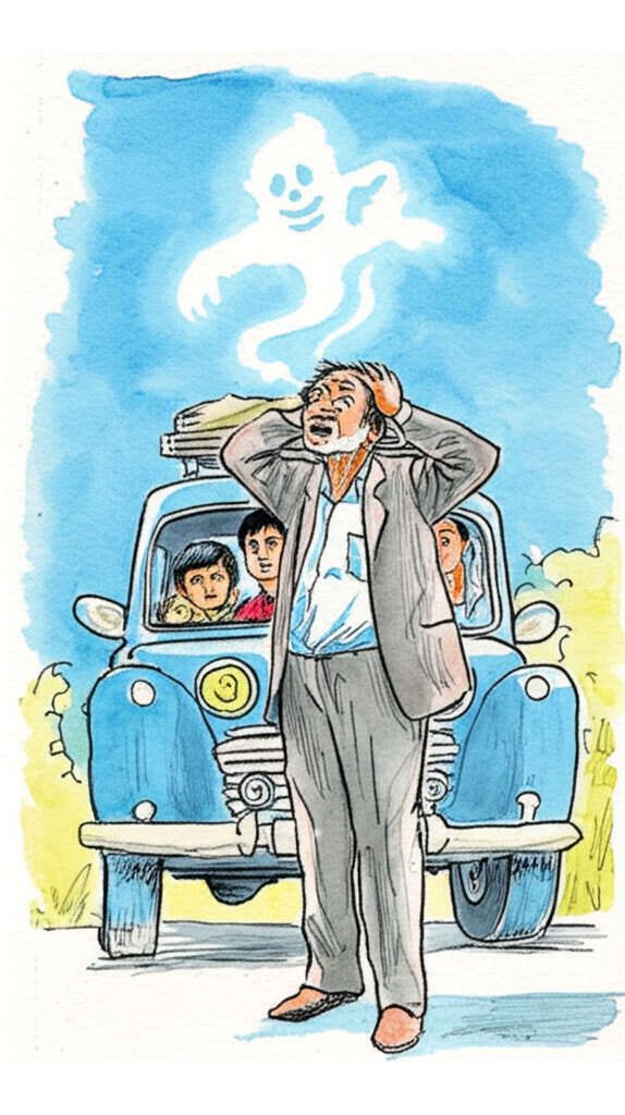 A watercolor illustration of Grandfather standing beside the car, his hand scratching his head in utter confusion. He is looking up at the roof in disbelief. The family are peering out of the car windows with concerned expressions, their faces pressed against the glass. A faint, almost ethereal, transparent outline of a mischievous ghost – perhaps a small impish figure with a playful grin – is barely visible hovering above the car roof, its form shimmering and indistinct. The sky is a clear, bright blue, but a subtle shadow falls across the scene, hinting at something unseen. The details of the car are rendered with care, showing its age and character. The color palette is bright and cheerful, but with a subtle hint of otherworldly mystery. Artistic style: delicate and nuanced watercolor, using subtle gradients and washes to create the illusion of transparency and ethereal presence.