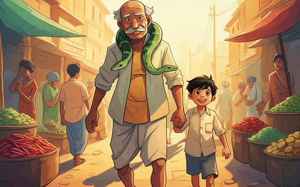 Watercolor illustration of Grandpa, a kind-faced, elderly man with deeply etched wrinkles around his warm, hazel eyes, a neatly trimmed white mustache, and wearing traditional Indian clothing (perhaps a dhoti and kurta in earthy tones), walking down a bustling Dehra market street in the golden afternoon light. A small, emerald-green python with intricate scale patterns is draped around his neck, catching the light. The boy, his grandson, walks beside him, looking proud with a gap-toothed grin and wearing a simple cotton shirt and shorts. Long shadows stretch across the dusty street. Market stalls overflow with colorful produce – bright red chilies, vibrant mangoes, and glistening green vegetables. People in traditional attire bustle around, some carrying woven baskets. Soft watercolor washes create a sense of heat and atmosphere. The overall tone is heartwarming and slightly surreal.