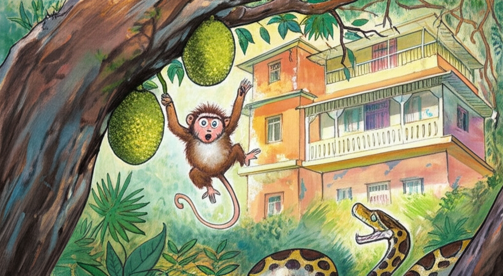 Watercolor illustration of Tutu the monkey, bright-eyed and startled, with fur rendered in delicate watercolor strokes, swinging from a jackfruit tree branch covered in moss and lichen in front of a vibrant, two-story house in Dehra. The house is painted in shades of ochre and turquoise, with peeling paint revealing glimpses of older layers. The jackfruit itself hangs heavy and textured. The python, partially visible in the foreground amongst ferns and decaying leaves, its scales catching the dappled sunlight filtering through the leaves, is the clear cause of Tutu’s frightened reaction – his fur stands on end, and his mouth is open in a silent scream. Soft light highlights the textures of the tree bark and the monkey’s fur, creating a sense of realism and depth. The mood is comical and slightly suspenseful.