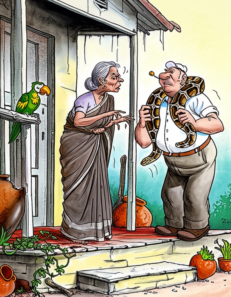 Watercolor illustration of Grandma, a stern-looking woman with grey hair pulled back in a tight bun, standing on a weathered wooden porch, its paint chipped and faded. Her face is etched with disapproval, and she gestures wildly at Grandpa with a trembling hand. She wears a simple cotton sari in muted shades of grey and brown. Grandpa, in contrast, stands calmly at the bottom of the porch steps with the python around his neck, his expression serene and unbothered. Popeye the parrot, a riot of green, red, and yellow feathers, is perched on the porch railing, squawking loudly with ruffled feathers. The scene is bathed in the harsh midday sun, casting sharp shadows and creating a sense of tension. Broken clay pots and potted plants add detail to the porch. The mood is humorous and slightly chaotic.