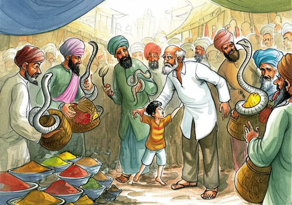 Watercolor illustration of Grandpa and the boy in a crowded market, the composition a swirling mass of color and activity. The boy clings to Grandpa’s hand, looking slightly overwhelmed. They are surrounded by snake-charmers, each holding various snakes in intricately woven baskets and draped on their persons. The snakes range in color from sandy brown to vibrant yellow and black. Grandpa looks overwhelmed and is gesturing emphatically with both hands to decline the charmers’ offers. The market is filled with the smells of spices, incense, and animals. Watercolor techniques are used to create a sense of depth and movement, with blurred figures in the background and sharp details in the foreground. The time of day is early morning, with soft, diffused light filtering through the market stalls.