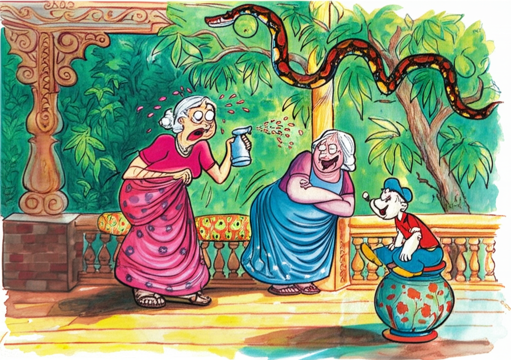 Watercolor illustration of Aunt Ruby screaming on the porch, her face contorted in horror as she sprays her face with rose water from an ornate, silver bottle. Droplets of rose water shimmer in the air. Popeye is whistling at her, a mischievous glint in his eye, perched on a colorful ceramic flower pot. The boy and Grandma are looking at her in amusement and bewilderment, Grandma with a barely suppressed smile. The illustration shows a thick, patterned python curled amongst the lush foliage of a guava tree nearby, its scales glistening with morning dew. The porch is adorned with intricately carved wooden pillars and brightly colored cushions. The light is dappled, creating a playful and humorous mood.