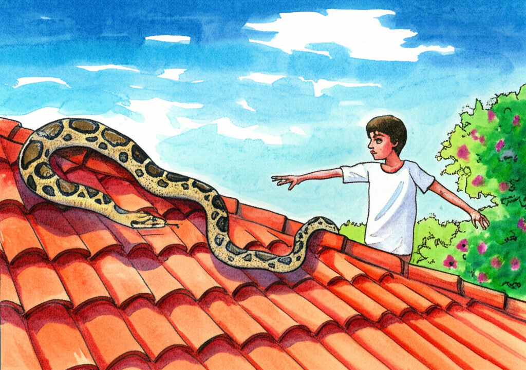 Watercolor illustration of the boy reaching out his arm, his expression a mix of curiosity and caution, as a python gracefully slides across it on a rooftop covered in terracotta tiles. The snake’s scales are depicted in painstaking detail, shimmering in the afternoon sun. In the background, a lush rooftop garden blooms with colorful flowers and plants, offering a stunning vista. The sky is a vibrant blue with wisps of white clouds. The boy wears a simple white shirt, contrasting with the rich colors of the garden and the snake. Soft watercolor washes create a sense of serenity and wonder. The textures of the tiles, the snake’s scales, and the flowers are all rendered with remarkable realism.