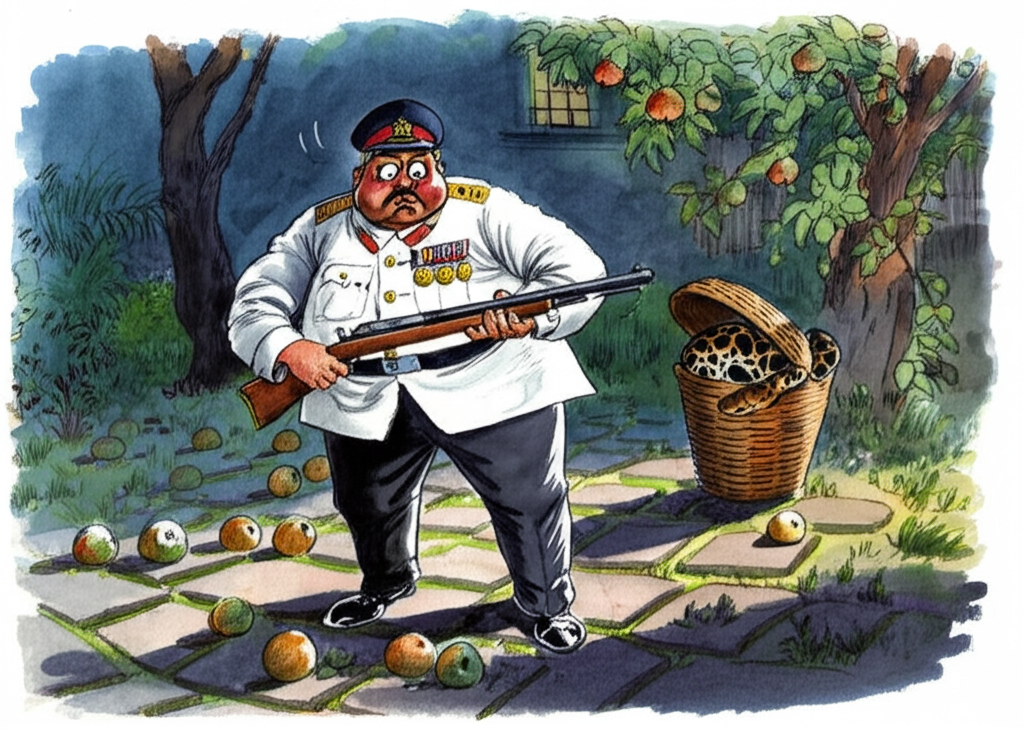 Watercolor illustration of Major Malik, a portly man in uniform, his face flushed with fear, standing in his garden surrounded by scattered, overripe guavas. He is clutching a vintage-looking gun in trembling hands, his expression a mask of shock. His uniform is crisp and detailed, adorned with medals and buttons that catch the light. A python, coiled menacingly, is partially visible in a woven basket, its head raised. The garden is overgrown and untamed, with weeds sprouting between the paving stones. The light is dramatic, casting long shadows and highlighting the Major’s terrified expression. The watercolor style conveys a sense of unease and suspense.