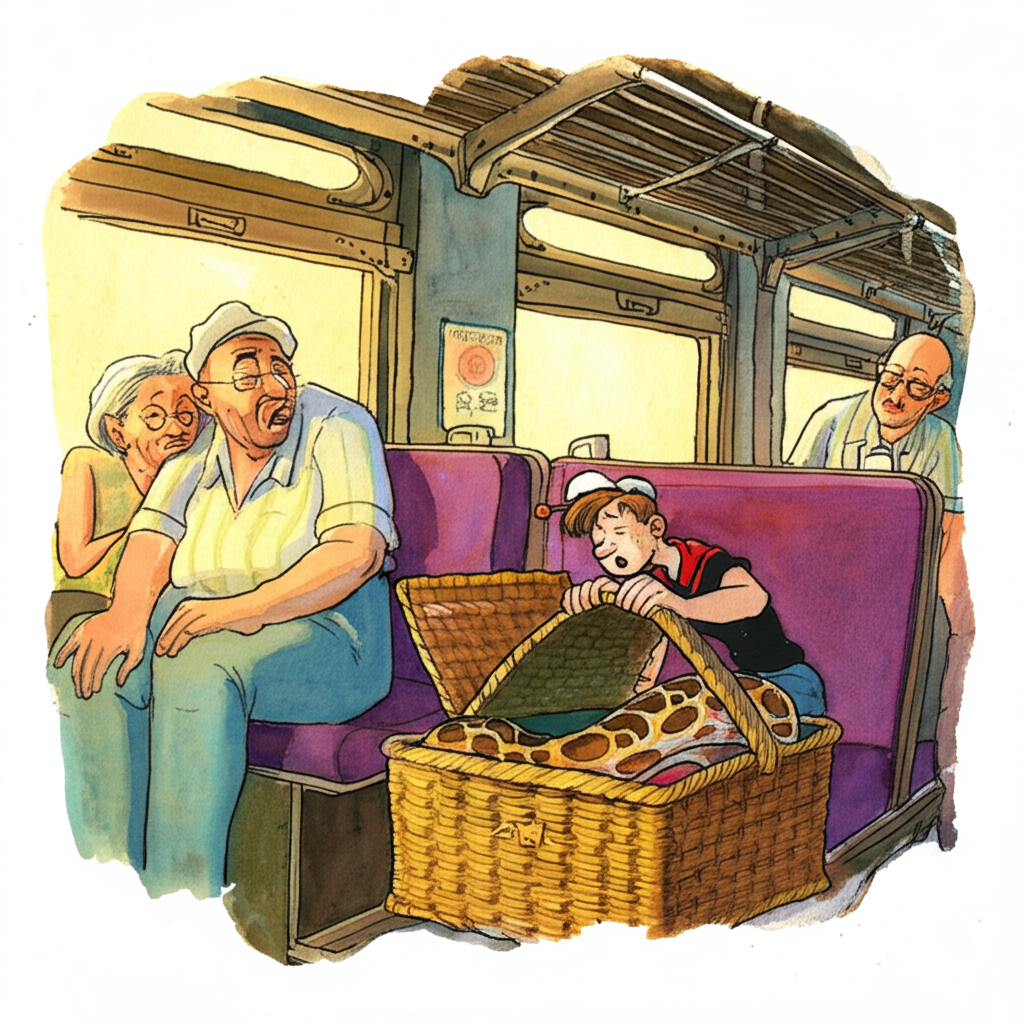 Watercolor illustration of the train car, the interior bathed in the warm glow of early morning light filtering through dusty windows. Grandma is asleep, her head resting against the worn, velvet seat, Popeye is dozing on her shoulder, a single feather ruffled. The boy, with wide, innocent eyes, is carefully opening the picnic basket under the seat, revealing a coiled python instead of food. His mouth is agape in surprise. Grandpa sits next to him, his brow furrowed with concern. The basket is intricately woven, and the train car is filled with details like overhead luggage racks, worn wooden paneling, and faded posters. The mood is suspenseful and humorous, with a touch of nostalgia.