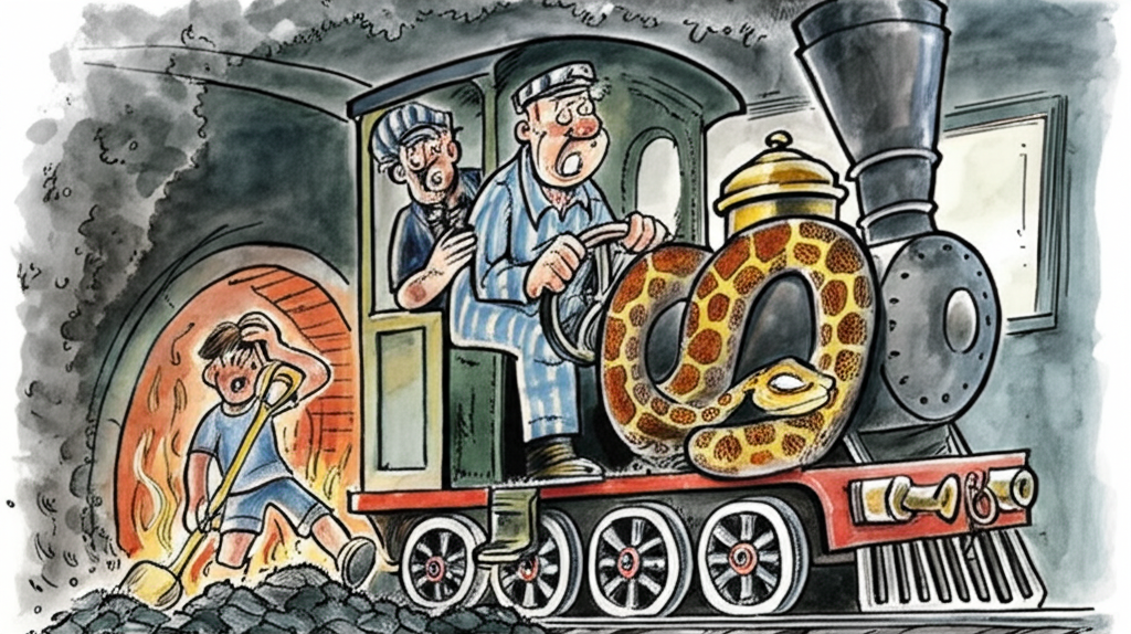 Watercolor illustration of Grandpa driving a vintage train engine, his face etched with determination as he pulls levers and operates the controls. The boy is shoveling coal into the fiery furnace, his face smudged with soot. The driver, a burly man in a striped cap, looks absolutely terrified, his hands covering his face in horror. The python is curled up comfortably on his lap, its scales glistening in the heat. Sparks fly from the furnace, illuminating the interior of the engine. The scene is dynamic and full of energy, with smoke billowing from the chimney and the rhythmic chugging of the engine. The watercolor style captures the grit and grime of the train engine with a sense of realism.
