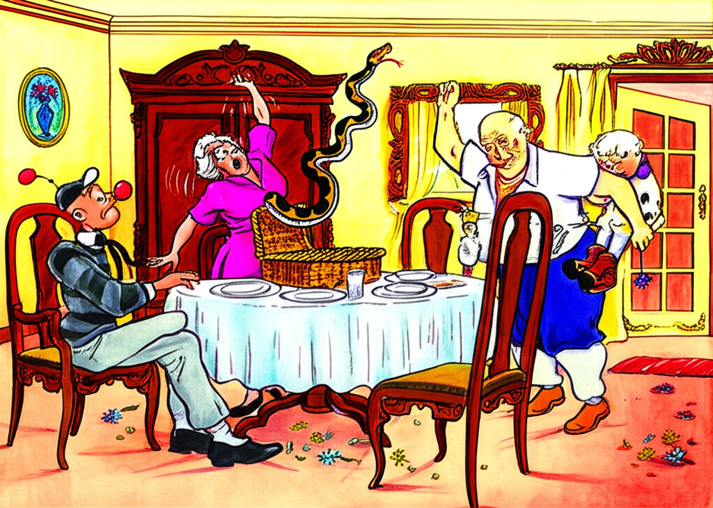 Watercolor illustration of Aunt Ruby fainting backwards into the dining table, sending a vase of flowers crashing to the floor. Her eyes are closed, and her arms are outstretched. A python is rising dramatically out of a picnic basket placed on the table, its forked tongue flickering. Grandpa is catching the python with surprising agility, his expression calm and reassuring. Grandma and the boy look on in concern, their faces etched with worry. Popeye is perched on the dining room chair, squawking excitedly. The dining room is furnished with ornate wooden furniture, a crisp white tablecloth, and delicate porcelain dishes. The light is soft and diffused, creating a chaotic yet humorous scene.