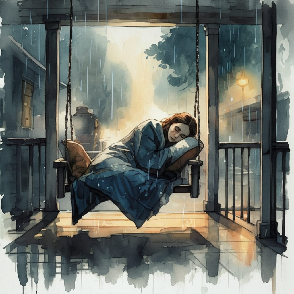 Watercolor illustration of a young woman, around twenty years old, asleep on a weathered wooden porch swing. Soft morning light filters through the rain, casting blurred shadows on the porch floor. Rain streaks the air, illuminated by distant street lamps, creating a melancholic atmosphere. She is draped in a rough, indigo-dyed blanket, her face serene. A horse-drawn carriage is faintly visible in the background on the cobblestone street, its lamps glowing softly through the rain. Style: dreamy watercolor, soft blending, visible brushstrokes. Palette: muted blues, grays, and browns with pops of indigo and soft yellows.
