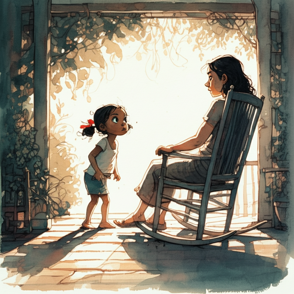 Watercolor illustration of a small girl with dark skin, big black eyes filled with wonder, and pigtails adorned with bright red ribbons, standing on a porch looking at a young woman who is sitting up quickly, startled, on a creaky rocking chair. The morning light is gray and diffused, creating long shadows that stretch across the uneven wooden floorboards. The porch is filled with potted plants and hanging vines. The young woman’s expression is one of confusion mixed with fear. Style: detailed watercolor, emphasizing textures like woven wicker and smooth skin. Palette: cool grays and blues contrasted with the vibrant red of the ribbons, conveying a sense of mystery.