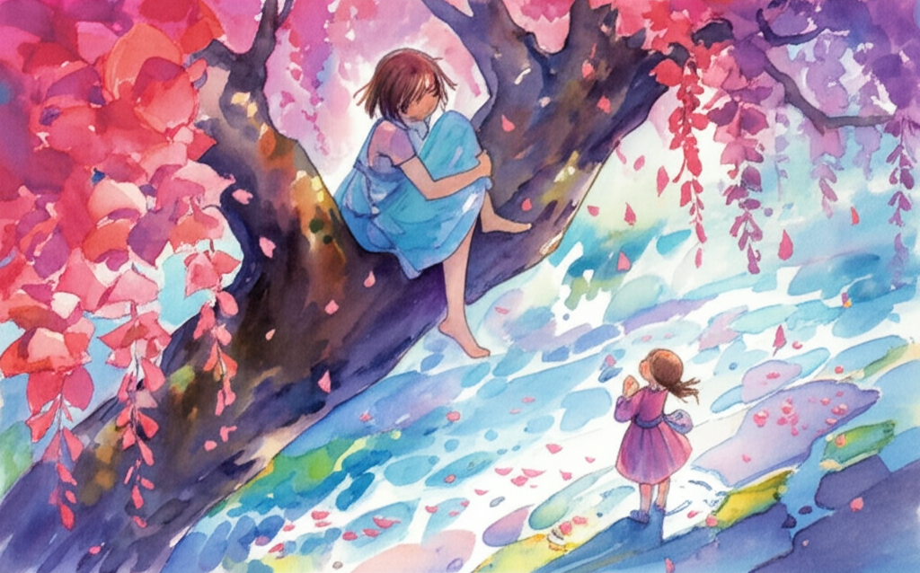 Watercolor illustration of the young woman nestled comfortably in the branches of a tree laden with bright, colorful blossoms (cherry blossoms and wisteria), their petals cascading down. She is looking down at the small girl standing below, who is looking up at her with admiration, her hands clasped together. The light is dappled, creating a mosaic of shadows and highlights on the ground. Puddles of water reflect the sky and the colorful blooms. The tree’s bark is rough and textured. Style: ethereal watercolor, capturing the movement of light and petals. Palette: vibrant pinks, purples, greens, and blues, creating a sense of joy and wonder.