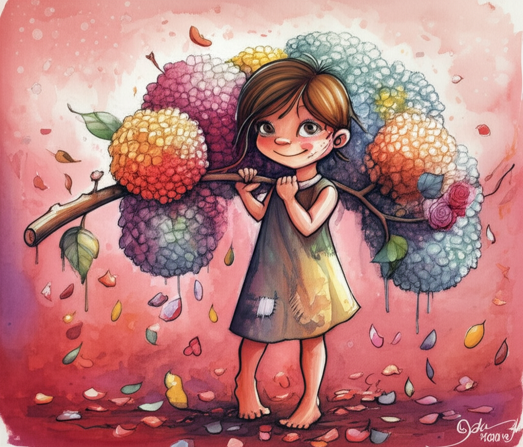Watercolor illustration of the small girl holding a large, overflowing branch of colorful flowers (hydrangeas, roses, lilies). Fallen petals surround her bare feet on the damp, red dirt, staining it with pastel hues. She is smiling slightly, her eyes sparkling with happiness, a hint of mud smudging her cheek. Her dress is simple and patched, but clean. Style: expressive watercolor, emphasizing the softness of flower petals and the texture of red dirt. Palette: earthy reds and browns contrasted with the vibrant colors of the flowers (pink, yellow, white, purple).