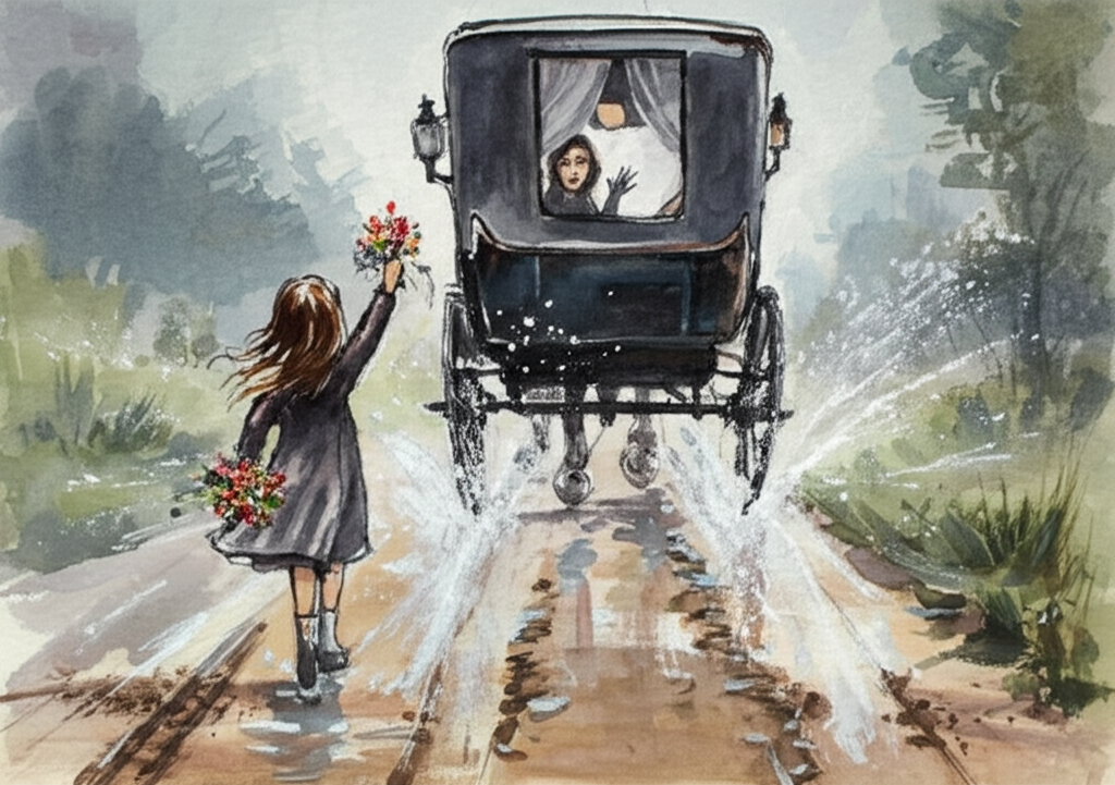 Watercolor illustration of a horse-drawn carriage departing down a muddy dirt road, kicking up sprays of water. The young woman is inside, partially visible through a lace curtained window, waving goodbye with a gloved hand. The small girl stands by the side of the road, waving back, with the colorful flowers clutched tightly in her hand. Her face is a mixture of sadness and hope. The sky is overcast, suggesting an impending storm. Style: impressionistic watercolor, capturing the movement of the carriage and the emotions of the scene. Palette: muted earth tones with pops of color from the flowers and the woman’s dress.