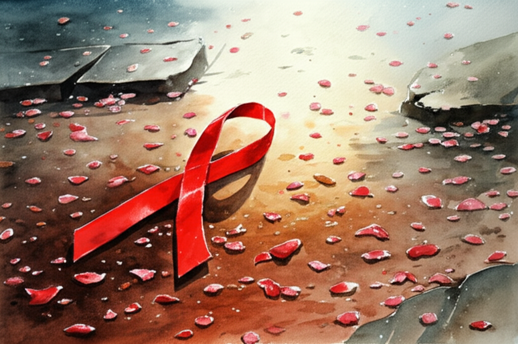 Watercolor illustration of a single bright red ribbon lying abandoned on the wet, red dirt next to scattered fallen flower petals (cherry blossom and rose petals). The background is softly blurred and suggestive of a garden in disarray, with glimpses of weathered stone paths and overgrown bushes. A hint of sunlight breaks through the clouds, creating a single bright highlight on the ribbon. The dirt is rich and textured, with traces of footprints. Style: intimate watercolor, focusing on detail and texture. Palette: predominantly red and brown, with subtle hints of pink and green.