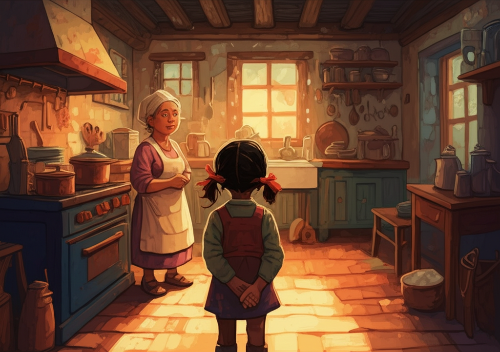 Watercolor illustration of the small girl with dark skin, big black eyes, and pigtails adorned with bright red ribbons, standing hesitantly in a warmly lit kitchen, observing a cook, a kind-faced older woman with flour dusting her apron, in action with curiosity. Warm light from the hearth dances on the copper pots hanging from the rafters. Various cooking utensils (wooden spoons, rolling pins) and ingredients (flour sacks, baskets of fruit) are subtly visible on shelves and countertops. The air is filled with the aroma of baking bread. The girl’s hands are clasped behind her back, her expression a mix of apprehension and fascination. The kitchen walls are a warm, creamy yellow, and the wooden floorboards are worn and uneven. Style: realistic watercolor, emphasizing the warmth and texture of the kitchen setting. Palette: warm yellows, oranges, browns, and reds, creating a cozy and inviting atmosphere.