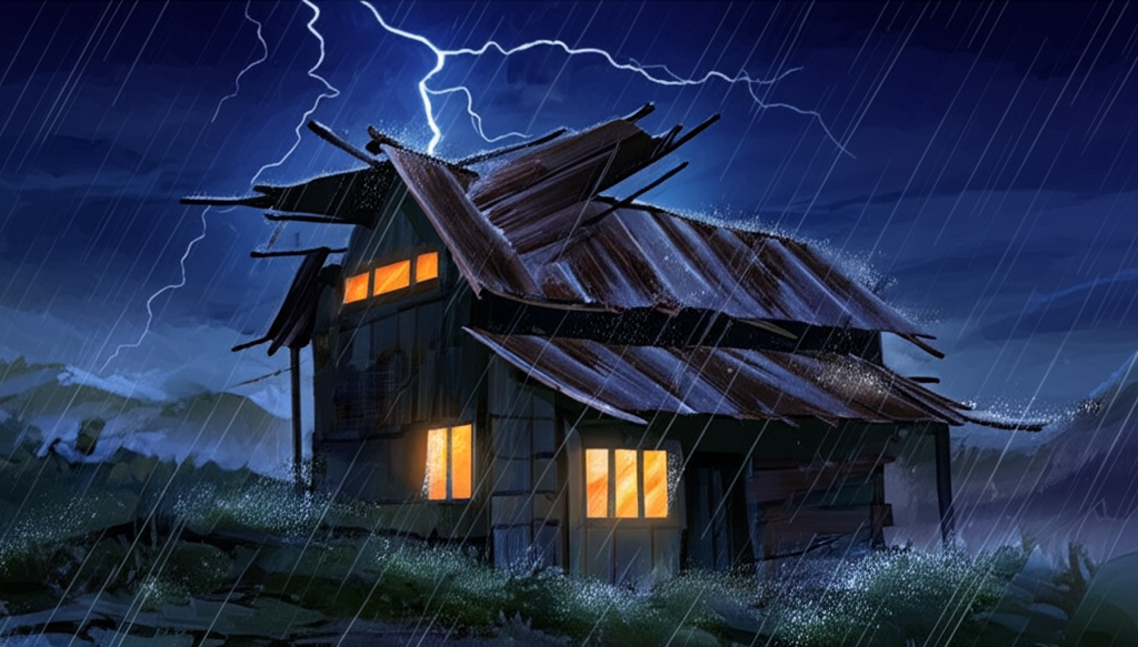 Watercolor illustration of an old, weathered two-story mountain house with a rusty corrugated metal roof during a violent storm at night. Heavy rain is lashing against the blurred, rain-streaked windows, reflecting fractured light from within. The roof is visibly damaged with metal sheets peeling away and flapping wildly in the wind. A flickering, warm light glows faintly with an orange hue from a few windows, casting long, distorted shadows and contrasting dramatically with the deep indigo, swirling, stormy sky. Lightning illuminates the scene in brief flashes, highlighting the dripping eaves and the saturated colors of the aged paint on the wood siding.