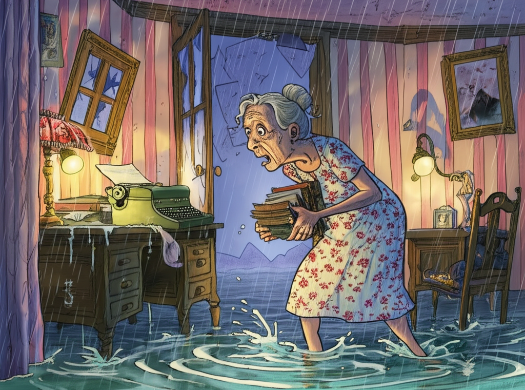 Watercolor illustration of a bedroom interior, partially open to the stormy sky. Broken windowpanes are visible. An elderly woman with wispy gray hair pulled back in a bun, wearing a floral nightgown, is frantically grabbing worn, leather-bound books and a vintage, olive-green typewriter from a flooded, oak desk. Rainwater is pouring in, creating swirling puddles on the hardwood floor, and the room is filled with a warm, chaotic glow from a nearby antique lamp with a fringed lampshade. The light casts long, dancing shadows across the waterlogged surfaces. Her expression is one of focused determination mixed with anxiety, her brow furrowed and lips pursed.