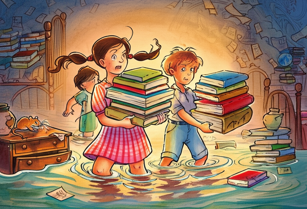 Watercolor illustration of three grandchildren (a young girl with pigtails, a slightly older boy with freckles, and a teen boy with tousled hair) carrying precarious piles of waterlogged books through a flooded room. The floor is covered in murky water, reflecting the warm lamplight. Books are stacked high on antique wooden beds in the background, creating a chaotic library. The warm lamplight reveals a small, brown field rat perched on the edge of a water-damaged desk, its eyes gleaming, causing the girl to recoil in surprise, her face a mask of disgust and fear. The older boy tries to reassure her with a gentle touch on her arm, while the teen boy grimaces, struggling with his heavy load. The air smells of damp paper and earth.
