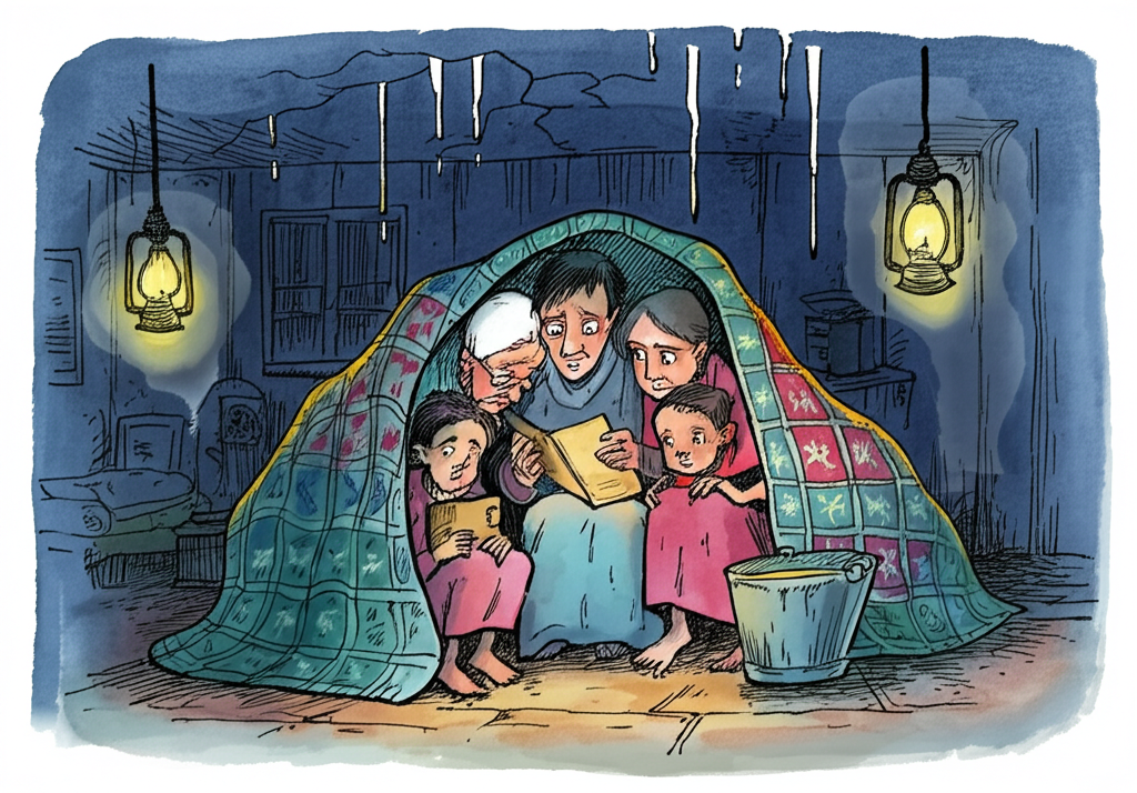 Watercolor illustration of the family (grandmother, parents with worried expressions, and three grandchildren) huddled together under mismatched blankets and quilts in a small, crowded room. Rainwater drips steadily from a crack in the ceiling, collecting in a dented metal bucket. The room is lit by the warm, soft glow of two oil lamps casting long, wavering shadows. Exhaustion and a sense of shared resilience are visible on their faces. The grandmother clutches a well-worn photo album, her gaze distant. The mother is comforting the young girl, her hand resting on her shoulder. The father stares pensively at the leaky ceiling, his brow furrowed. The air is thick with the scent of wet wool and woodsmoke.