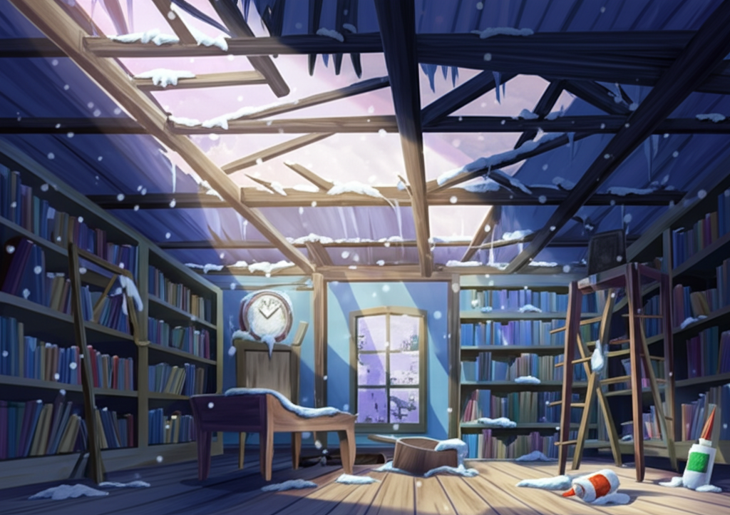 Watercolor illustration of the interior of the damaged house the morning after the storm. Sunlight streams through gaping holes in the ceiling, creating shafts of light and shadow and illuminating individual snowflakes drifting down and landing on the dusty bookshelves. The falling snow delicately dusts the furniture, creating a serene, almost magical atmosphere. An empty glue bottle, its label peeling, and a small, ornate clock with its hands frozen at 3:17 are covered in a thin layer of snow on a shelf. The light catches the intricate details of the damage, highlighting the beauty in the devastation. The overall color palette is muted and pastel, with subtle gradations of blue, gray, and white.