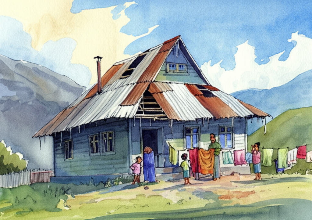 Watercolor illustration of the exterior of the old mountain house with a partially repaired roof. Patches of new, unweathered metal stand out against the aged corrugated sheets. The sun is shining brightly, creating long shadows and highlighting the vibrant colors of the drying laundry. Sparkling icicles hang precariously from the windows, their melting drops catching the light. The family is outside, hanging up colorful blankets and waterlogged books to dry in the sunlight. The air is crisp and clean. The scene conveys a strong sense of resilience and hope, their body language showing a quiet determination. The sky is a clear, bright blue with a few puffy white clouds.
