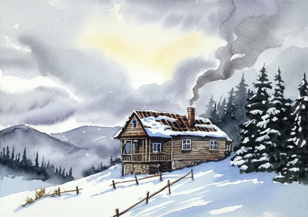 Watercolor illustration of the old house nestled peacefully in a snowy mountain landscape. The house is sturdy and strong, the roof recently repaired with some visible signs of weathering blending the old and new materials. Fresh snow blankets the ground and clings to the pine trees. In the distance, there is a suggestion of more majestic mountains fading into the horizon, and the sky is filled with swirling, textured clouds painted with shades of gray, white, and a hint of lavender. The scene conveys a profound sense of peacefulness and tranquility. Smoke curls lazily from the chimney, suggesting warmth and comfort within. The light is soft and diffused, creating a gentle, harmonious atmosphere.