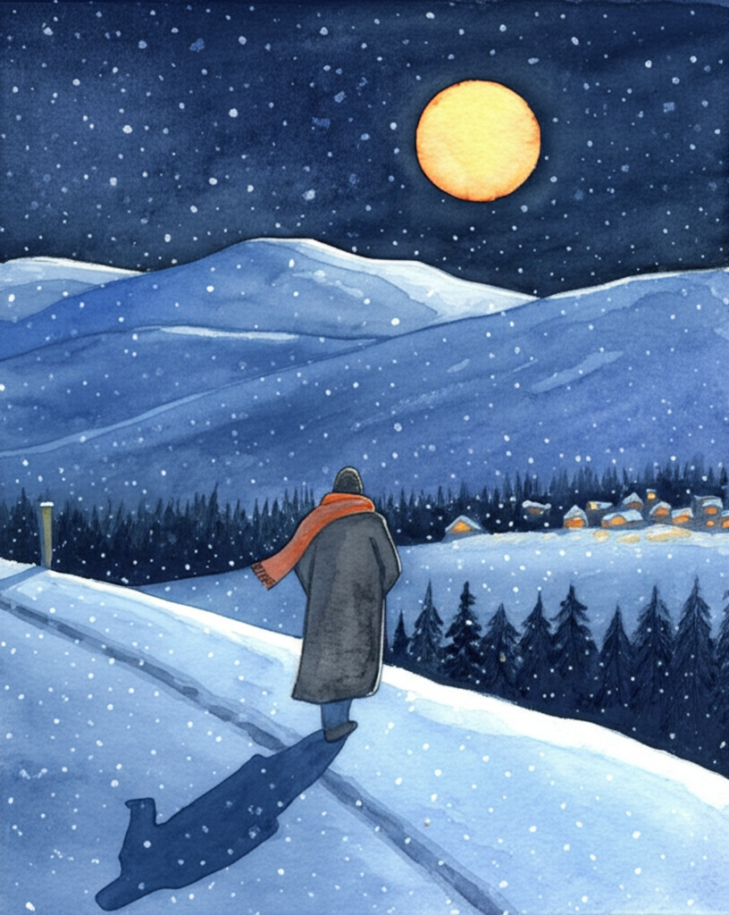A lone figure, bundled in a thick, woolen scarf the color of faded brick and a long, charcoal-grey coat dusted with snow, walks along a winding, snow-packed road. A large, bright, full moon dominates the deep indigo sky, casting long, ethereal shadows across the snow-covered mountains in the background, their peaks frosted with silver. The town’s lights glow warmly in the distance, a soft, inviting orange against the cold blue of the night. Delicate snowflakes fall, catching the moonlight like tiny diamonds. The road is rutted and uneven, showing hints of frozen earth beneath the snow. Watercolor illustration, soft blending, cool blues and warm oranges create a sense of cold beauty and distant comfort.