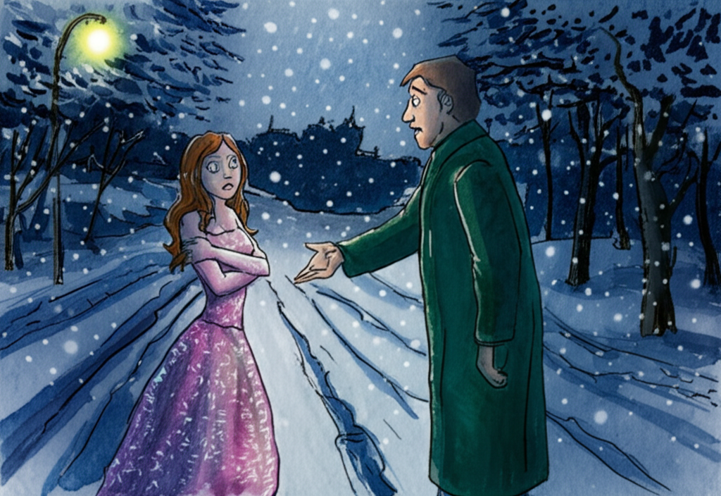 A watercolor illustration of the narrator encountering Julie, a young woman with wide, innocent eyes, standing gracefully in the middle of a snow-covered road at night. She wears a shimmering pink and purple dress that seems to generate its own light, reflecting the moonlight in a mesmerizing display. Her bare arms are slightly crossed against the cold. The narrator, visibly surprised but offering a friendly greeting with a slightly hesitant smile and outstretched hand, is wrapped in a dark green coat. The air is filled with swirling snowflakes, illuminated by the soft glow of a nearby streetlight. The road is slick with ice, and the surrounding trees are heavy with snow. The scene evokes a sense of otherworldly beauty and slight unease. Watercolor style, delicate washes, ethereal lighting.