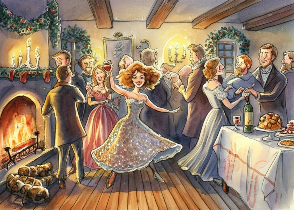 A lively watercolor scene of a party indoors, bathed in the warm glow of flickering candlelight and the muted light of a crackling fireplace. Many guests are chatting animatedly, their faces flushed with laughter, dancing with abandon, and holding glasses of sparkling wine. The air is thick with the scent of pine and spiced cider. Julie, in her shimmering dress, is seen dancing joyfully in the middle of the room, her laughter echoing through the space. The room is adorned with festive decorations – strings of colorful lights, garlands of evergreen, and ornate, hand-painted ornaments. The wooden floorboards are worn smooth with age, and the walls are covered in tapestries depicting winter scenes. A long, laden table showcases a feast of delicacies. Watercolor illustration, warm colors, detailed characters, and a sense of joyous celebration.