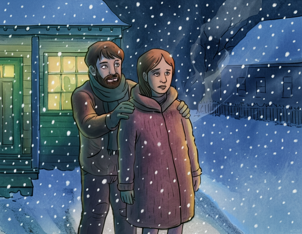 The narrator, with a look of concern etched on their face, placing a large, heavy, wool coat (perhaps tweed with leather elbow patches) around Julie’s shoulders outside the Kapadias’ house. The house is brightly lit in the background, casting long shadows onto the freshly fallen snow. Light spills from the windows, revealing silhouettes of people inside. Snow is falling gently, creating a magical, ethereal atmosphere. Julie looks pale and fragile, her eyes wide and unreadable. The narrator’s breath steams in the cold air. The scene conveys a feeling of protectiveness and mystery. Watercolor style, soft blending, emotional expressions.