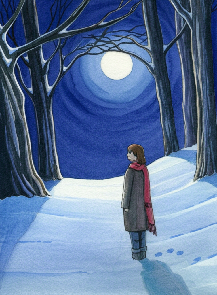 Julie points towards a small, overgrown path leading up a snow-covered hill as she says goodbye to the narrator, her voice a soft whisper carried on the wind. Her expression is a mix of sadness and gratitude. The moonlight is strong, illuminating the path and the surrounding trees, their branches laden with snow. The path is barely visible, hidden beneath a thick blanket of white. The surrounding trees are gnarled and ancient, their bare branches reaching towards the sky like skeletal fingers. The air is crisp and cold, and the only sound is the gentle rustling of the wind through the trees. Watercolor illustration, dramatic lighting, and a sense of foreboding. Focus on the texture of the snow and the bark of the trees.