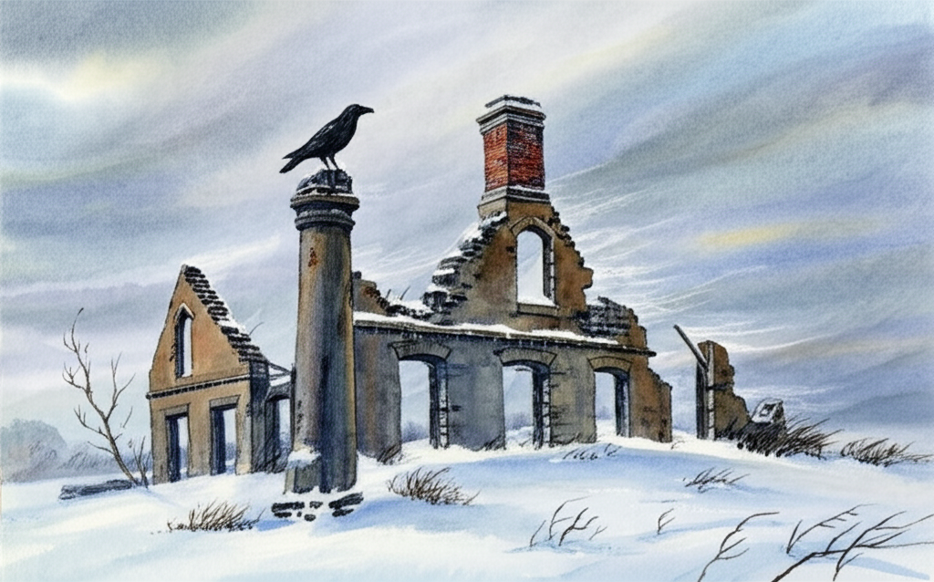A watercolor depiction of the ruins of Wolfsburn, an old stone building with a broken chimney and crumbling pillars, heavily covered in snow. Icy wind whips through the skeletal remains, creating swirling drifts. The chimney is missing its top half, exposing jagged brickwork. The surrounding landscape is barren and windswept, with only a few scraggly trees clinging to life. A single, lone raven perches atop one of the crumbling pillars, its black feathers stark against the white snow. The sky is a turbulent grey, hinting at an approaching storm. The scene evokes a feeling of desolation and decay. Watercolor illustration, muted colors, textured brushstrokes, and a sense of historical significance.