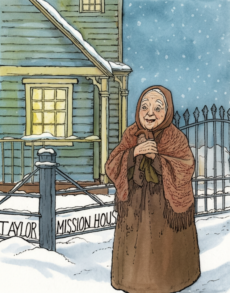 Mrs. Taylor, a kind-looking older woman with wrinkles etched around her warm eyes and a gentle smile, stands in front of her mission house, a modest wooden structure with peeling paint and a welcoming porch light. She wears a practical, brown dress and a knitted shawl. She’s talking to the narrator, her expression one of concern and compassion. A weathered graveyard gate, constructed of wrought iron and partially overgrown with ivy, is partially visible behind Mrs. Taylor, hinting at the stories buried within. The snow is packed hard around the mission house, and the air is crisp and cold. Watercolor illustration, soft colors, focus on facial expressions, and a sense of community.