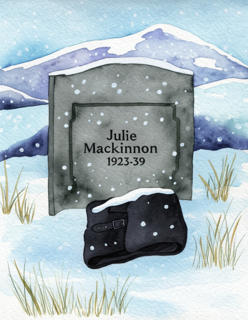 A simple gravestone in a snowy graveyard, made of grey granite, bearing the inscription ‘Julie Mackinnon 1923-39’ carved in elegant, weathered lettering. The gravestone is slightly overgrown with coarse grass, peeking through the snow, and delicate snowflakes cling to its surface. Snow-covered mountains loom in the background, their peaks shrouded in mist. The narrator’s folded coat, dark and heavy, rests neatly at the base of the stone, a sign of respect and mourning. The light is soft and diffused, creating a somber atmosphere. The wind whispers through the graveyard, carrying the faint scent of pine and snow. Watercolor illustration, subtle details, focus on texture and atmosphere.