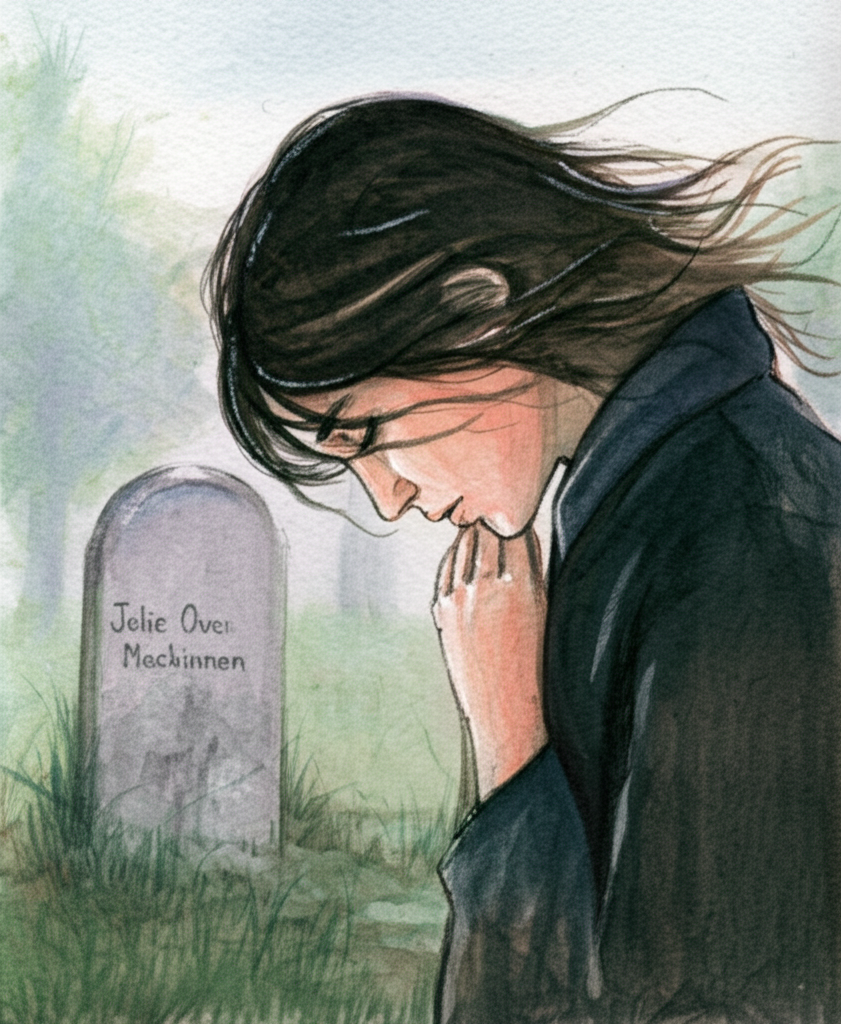 A close-up watercolor illustration of the narrator standing near Julie Mackinnon’s grave, their head bowed in quiet contemplation. A gentle breeze creates movement in the narrator’s hair and clothes, causing their dark locks to softly frame their face. Their hands are clasped tightly together, and their expression is one of profound sadness. The scene conveys a feeling of a soft, unseen touch, as if Julie herself is present. The colors are muted and melancholic, reflecting the grief and loss. The gravestone is slightly blurred in the background, emphasizing the narrator’s emotional state. Watercolor illustration, focus on emotion, soft blending, and subtle details.