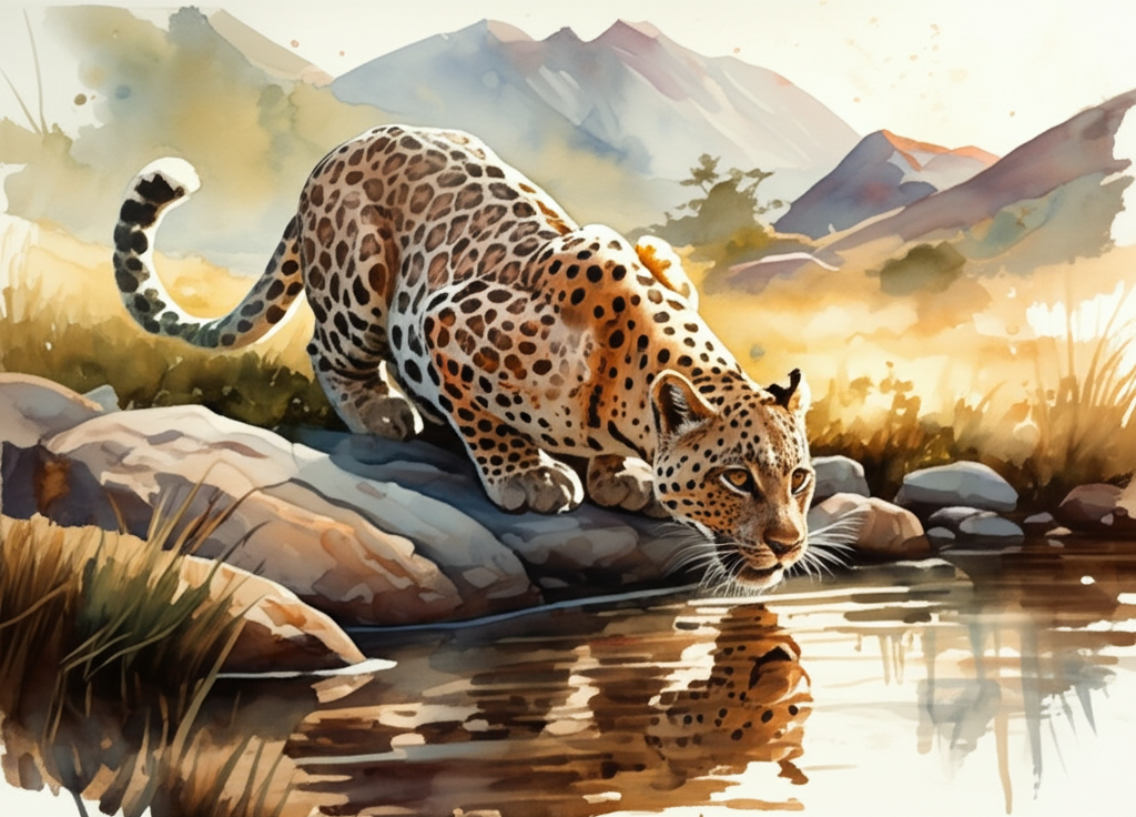 A watercolor illustration of a strong, graceful leopard drinking from a clear mountain stream at golden hour. Warm sunlight dappling on its fur creates highlights, contrasting with the cool shadows beneath its belly. Lush emerald green grass surrounds the stream, its blades individually rendered with delicate washes. Rocky mountain peaks, tinged with violet hues from the setting sun, are visible in the background. The water reflects the sky with shimmering blues and oranges. The overall tone is peaceful and majestic, emphasizing the harmony of nature.