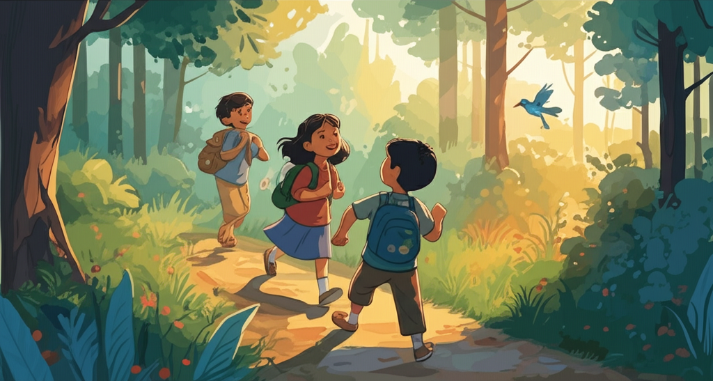 A watercolor painting of three children (a girl named Bina, and two boys, Prakash and Sonu) walking down a winding forest path dappled with sunlight at midday. They are singing, their faces full of youthful exuberance, and have new-looking backpacks with patches and colorful keychains. Bina skips slightly ahead. A small, iridescent blue bird flies away in the background, its wings catching the light. The forest is alive with greens, browns, and splashes of wildflower colors. The air feels crisp and clean, the emotional tone hopeful and adventurous.