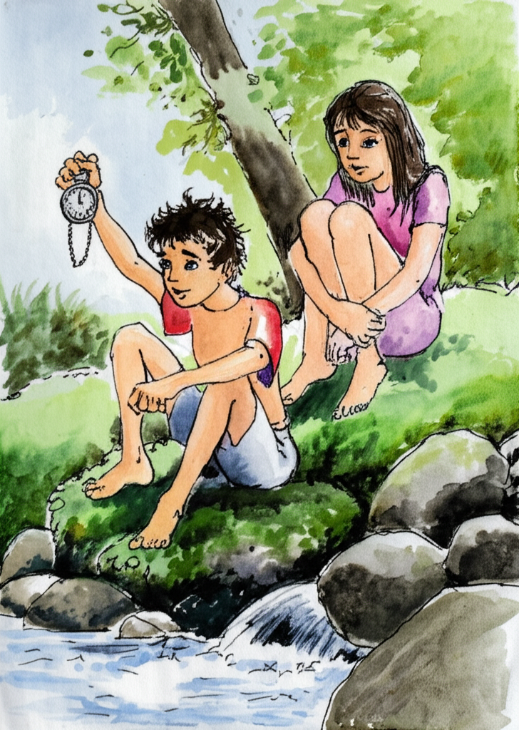 A watercolor illustration of Prakash, a twelve-year-old boy with bright, intelligent eyes and unruly brown hair that catches the sunlight, holding up an old, scratched silver pocket watch while sitting on a moss-covered rock by a babbling stream. The watch chain dangles loosely. Bina and Sonu sit next to him, barefoot, letting their feet dangle in the cold, clear water, their toes wrinkled from the chill. The water reflects the surrounding trees and sky. The rocks are smooth and worn. The overall mood is nostalgic and curious, hinting at a story hidden within the watch’s past.