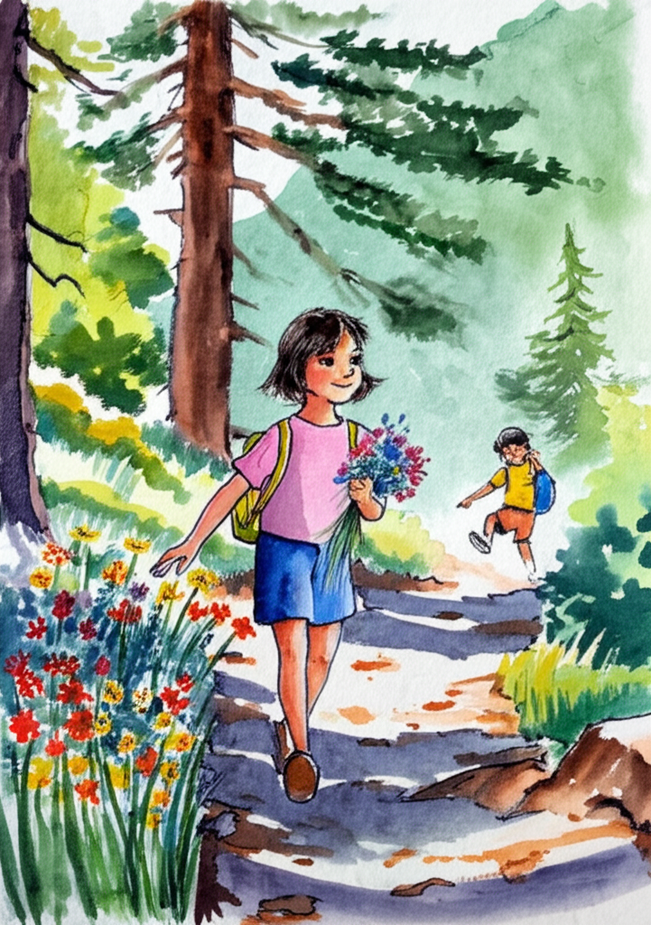 A watercolor painting of Bina, a young girl with rosy cheeks and gentle brown eyes that sparkle with joy, picking wildflowers along a sunny mountain path. The flowers are colorful and vibrant – vibrant reds, yellows, and blues – painted with loose, expressive strokes. Sonu is nearby, kicking dry, crackling leaves, a mischievous glint in his eye. Sunlight filters through the trees, creating pools of light and shadow on the path. The air is filled with the scent of wildflowers and pine. The emotional tone is cheerful and carefree.