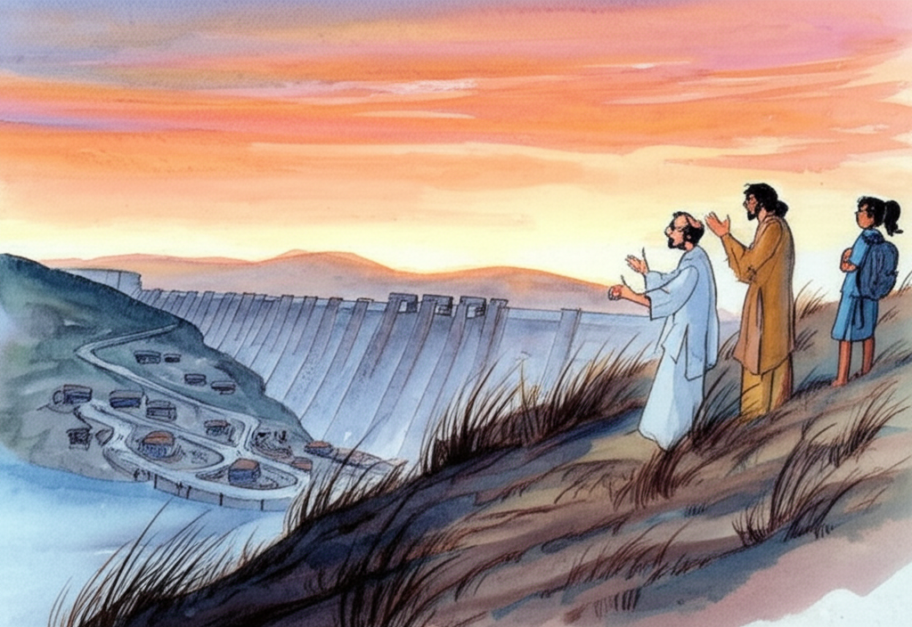 A watercolor illustration depicting the school children standing on a windswept hill overlooking the Tehri dam construction site at dusk. A partially constructed concrete dam, stark and imposing, dominates the landscape. The original town below, partially submerged and crumbling, is a somber reminder of what was lost. Miss Ramola and Mr. Mani stand beside them, seemingly engaged in a heated argument, their faces etched with worry and concern. The sky is a blend of fiery oranges and deep purples, reflecting the conflicting emotions of hope and despair. The overall tone is somber and reflective.