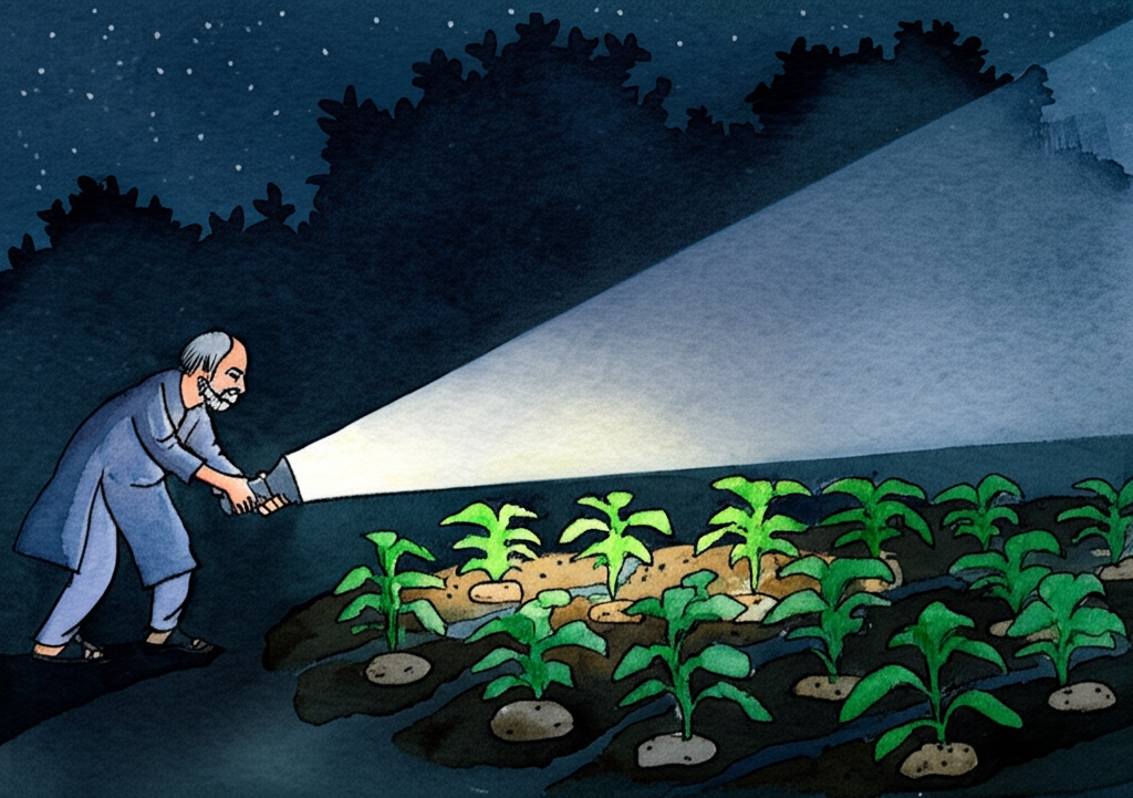 A watercolor painting of Mr. Mani’s garden at night, illuminated by a stark flashlight beam that cuts through the darkness. A disgruntled Mr. Mani, wearing a worn-out kurta and a worried expression, is chasing away fleeting silhouettes of porcupines amongst rows of meticulously planted potatoes. The potatoes are barely visible as small sprouts in the rich, dark soil. The air is cool and damp, and the only sounds are the rustling of leaves and Mr. Mani’s frustrated muttering. Dewdrops cling to the leaves, reflecting the flashlight’s beam. The emotional tone is frustrated and determined.