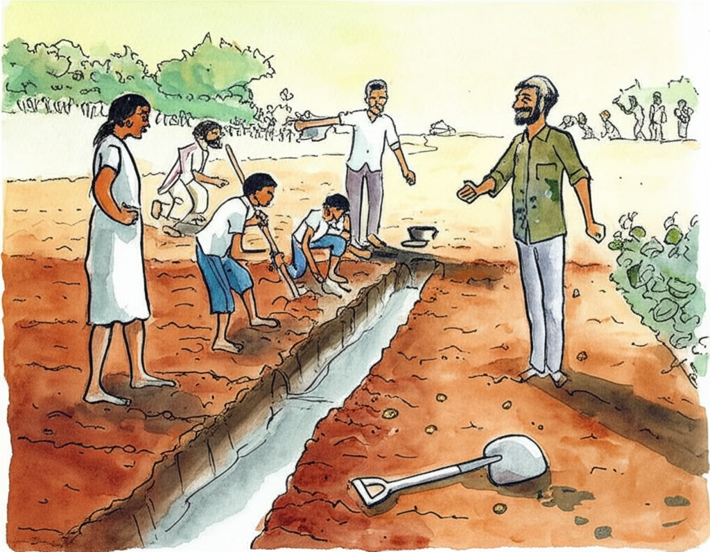 A watercolor illustration of Prakash and other fifth graders digging a water ditch around Mr. Mani’s potato field under the warm afternoon sun. Sweat glistens on their foreheads. Other students and villagers watch from a distance, some offering encouragement, others gossiping. Shovels and farming tools are scattered around, covered in mud. The earth is a rich, reddish-brown. The scene is dusty and hardworking. Mr. Mani stands nearby, offering guidance and smiling encouragingly. The overall tone is collaborative and community-spirited.